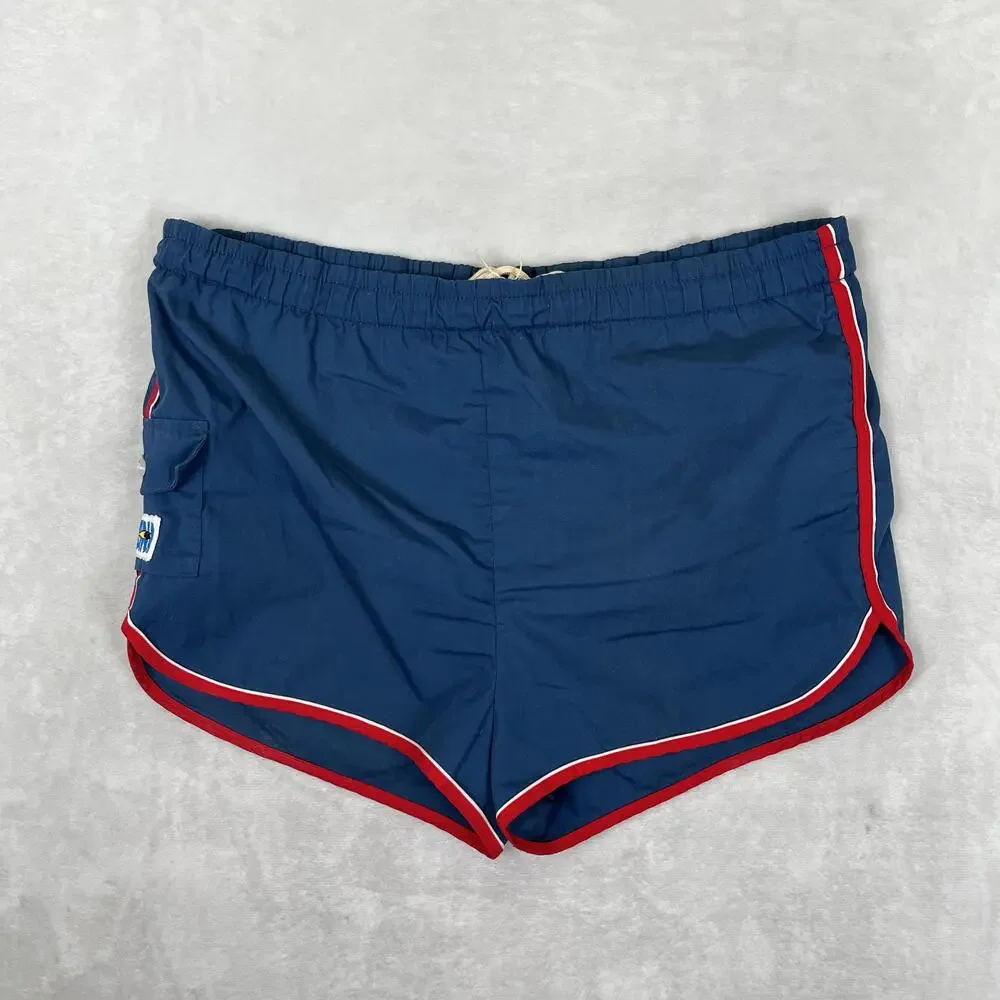 Vintage Laguna Swim Trunks Mens XL Blue Red Trim Lined Drawstring Made In USA